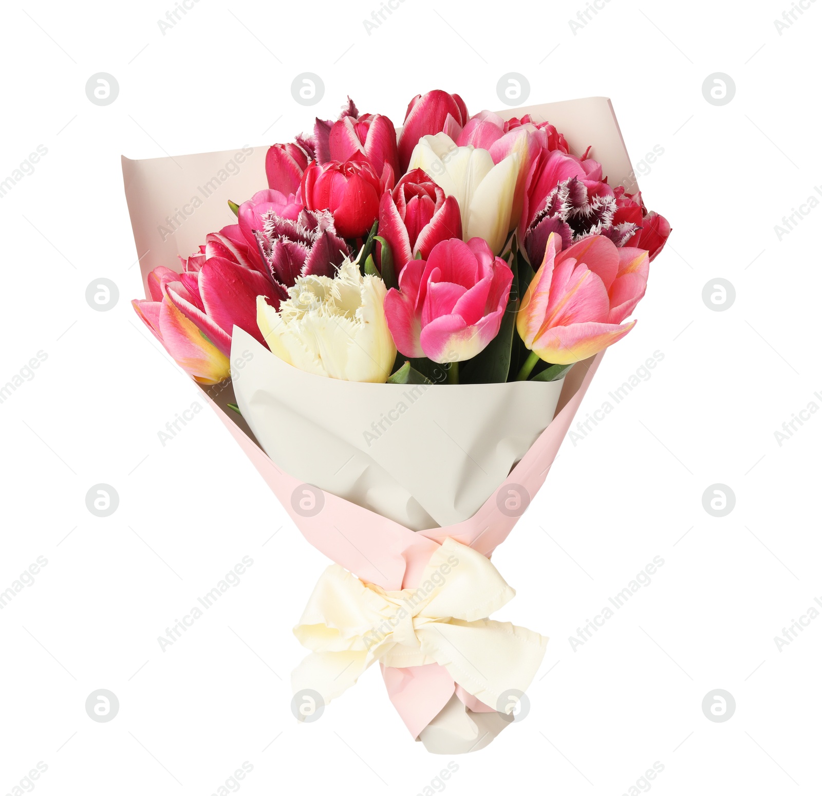 Bouquet of beautiful tulips isolated on white Photo of Bouquet of beautiful tulips isolated on white