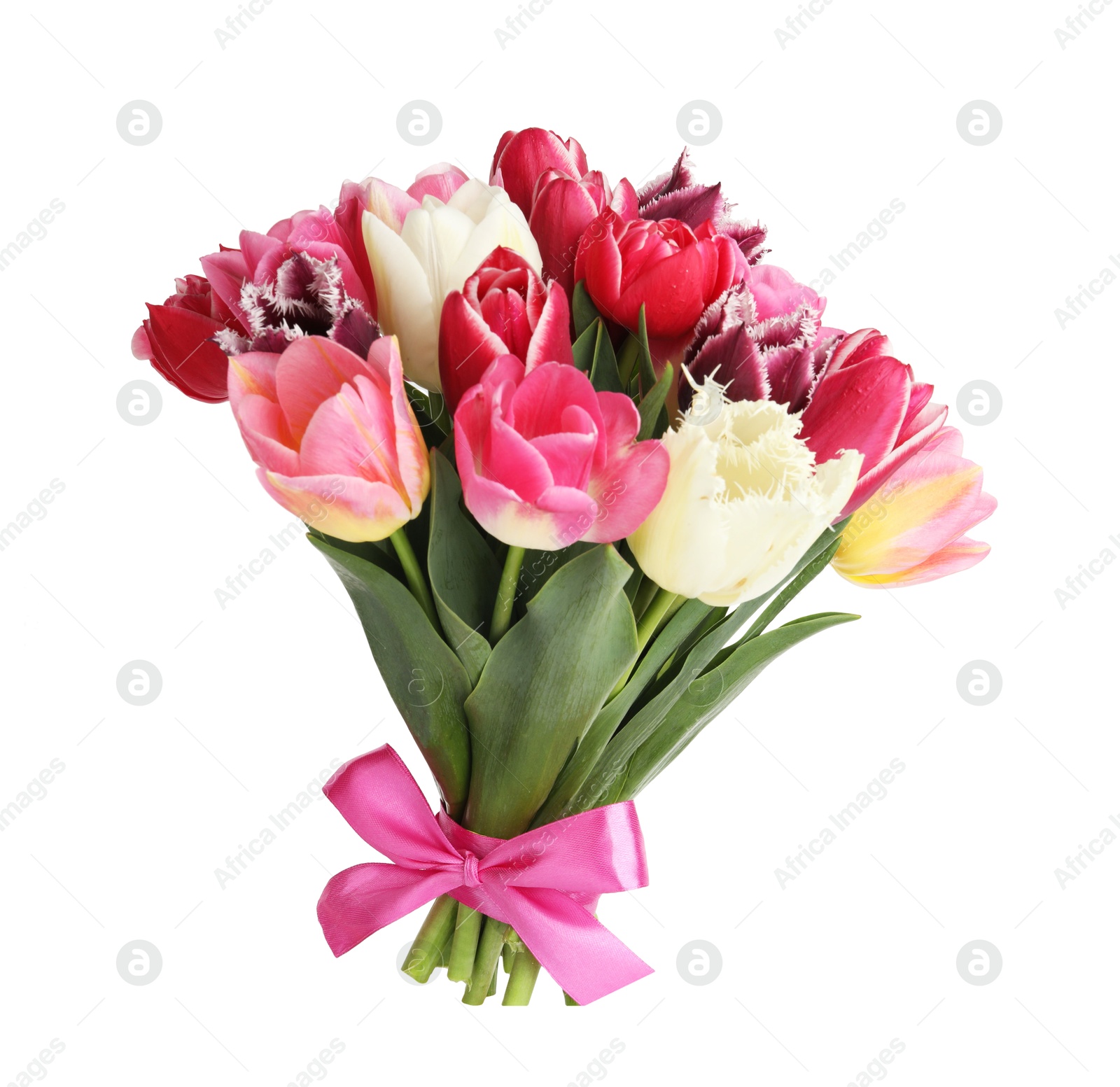 Bouquet of beautiful tulips isolated on white Photo of Bouquet of beautiful tulips isolated on white
