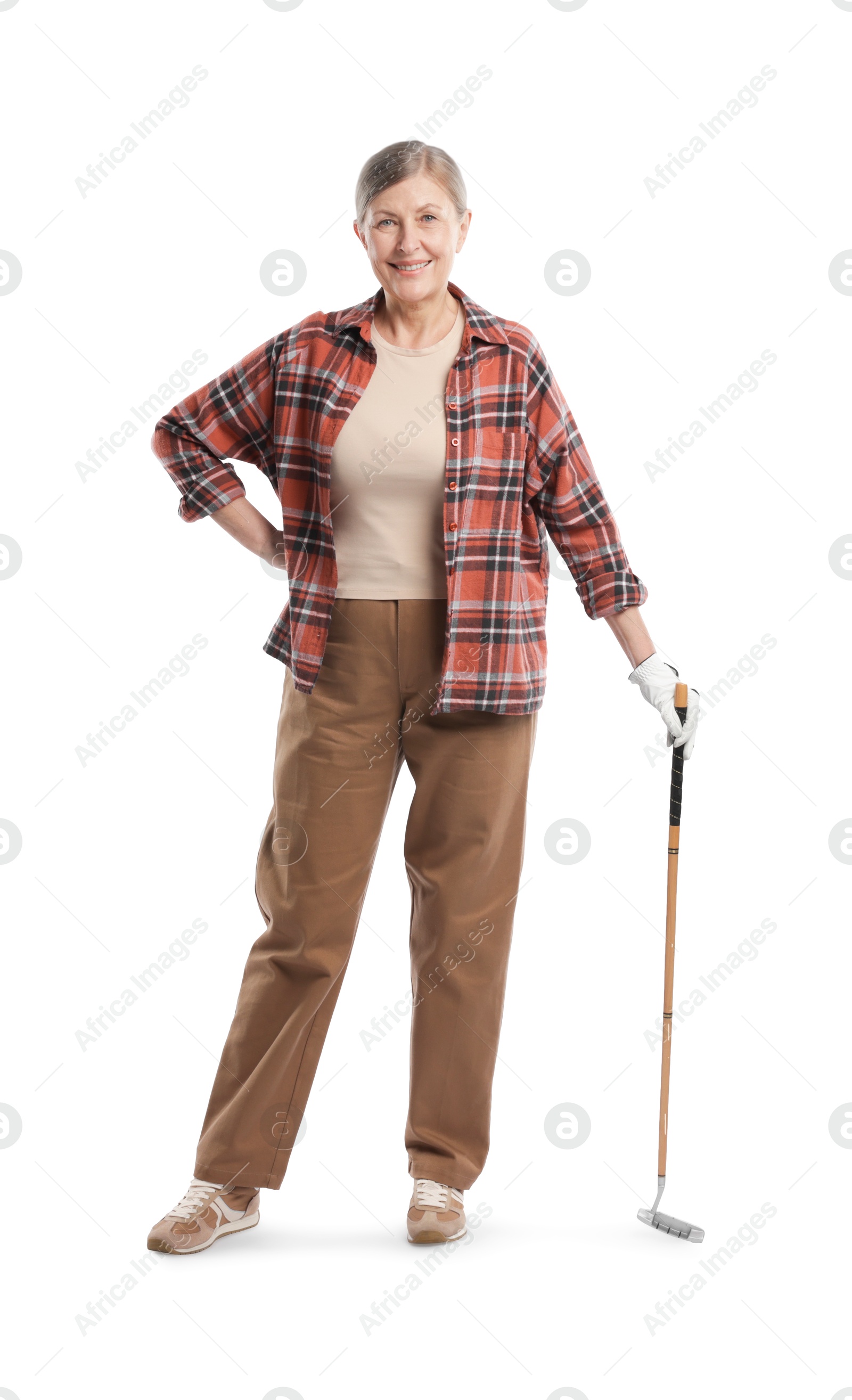 Senior woman with golf club on white background Photo of Senior woman with golf club on white background