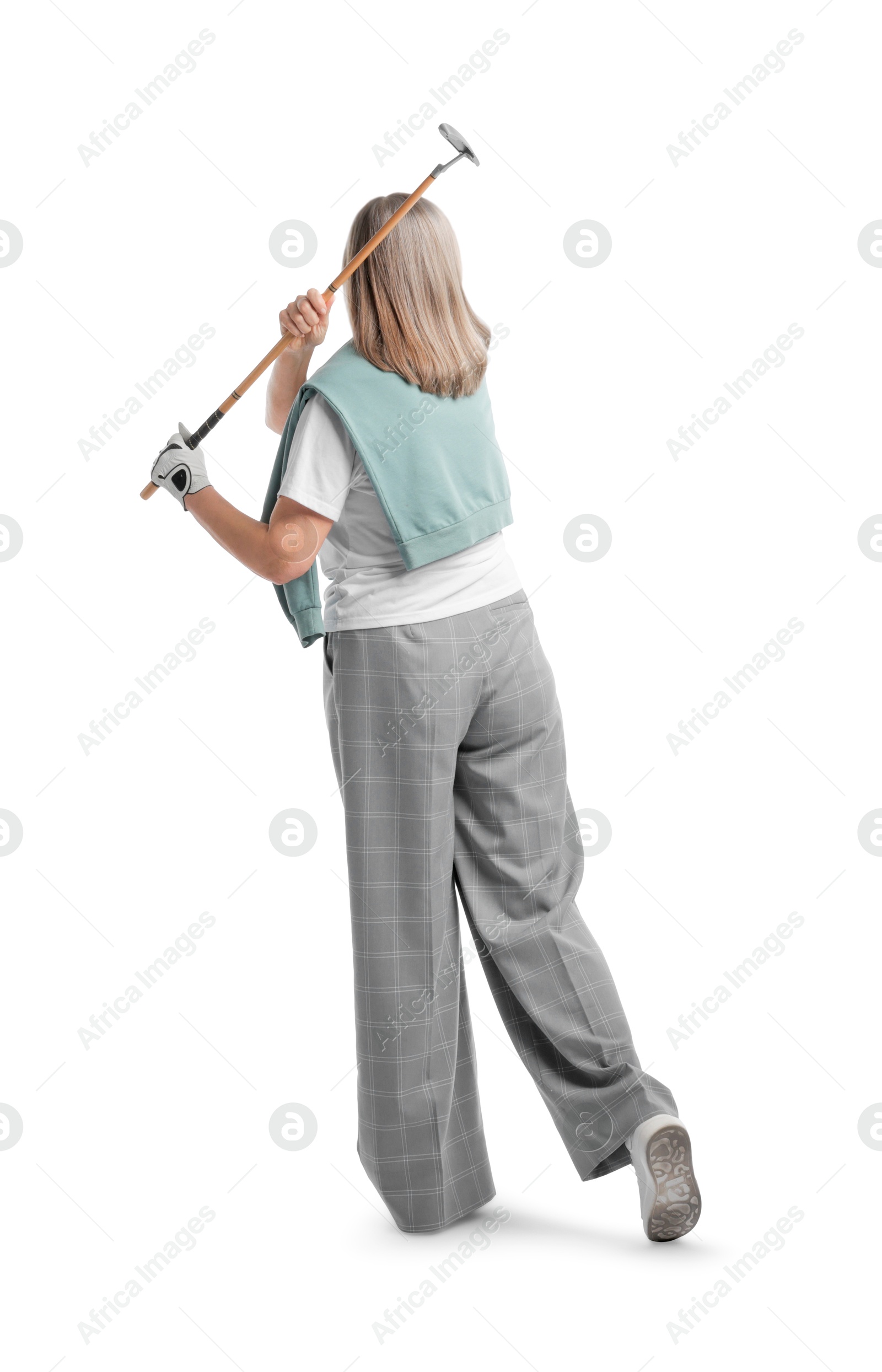 Senior woman with golf club on white background, back view Photo of Senior woman with golf club on white background, back view