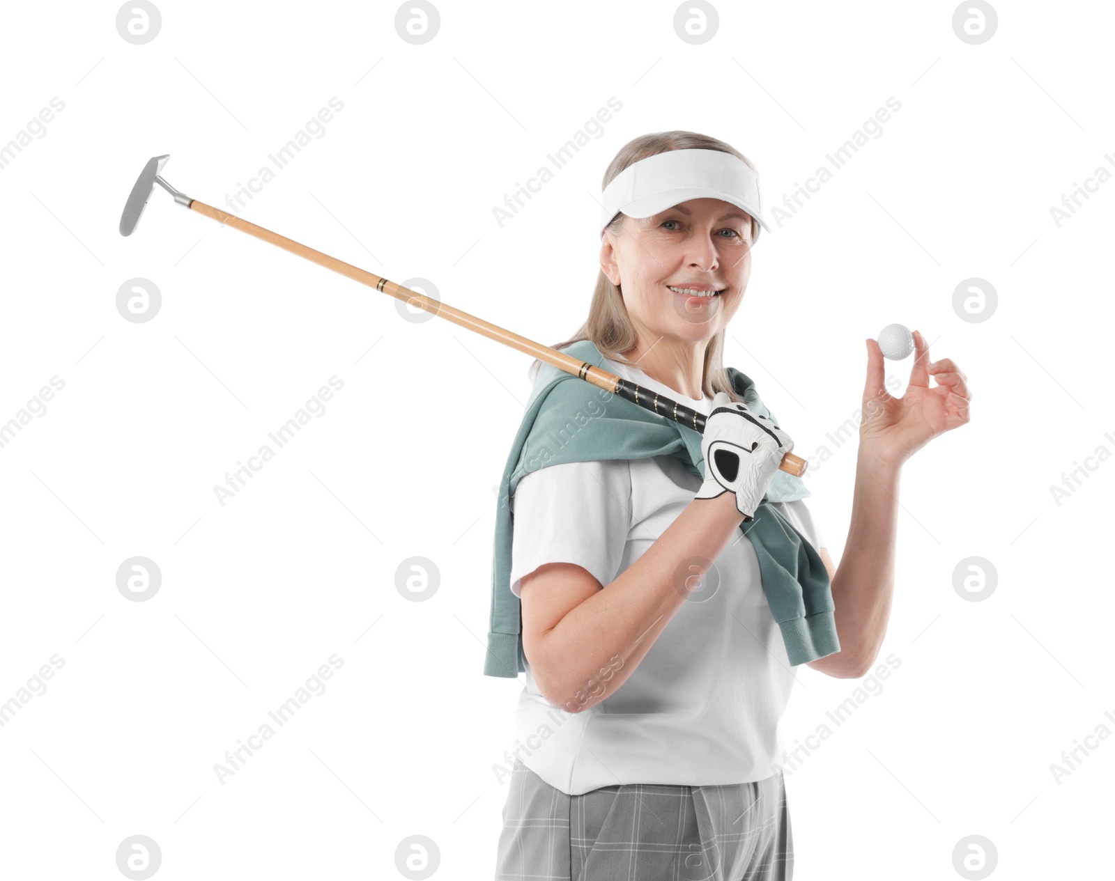 Senior woman with golf club and ball on white background Photo of Senior woman with golf club and ball on white background