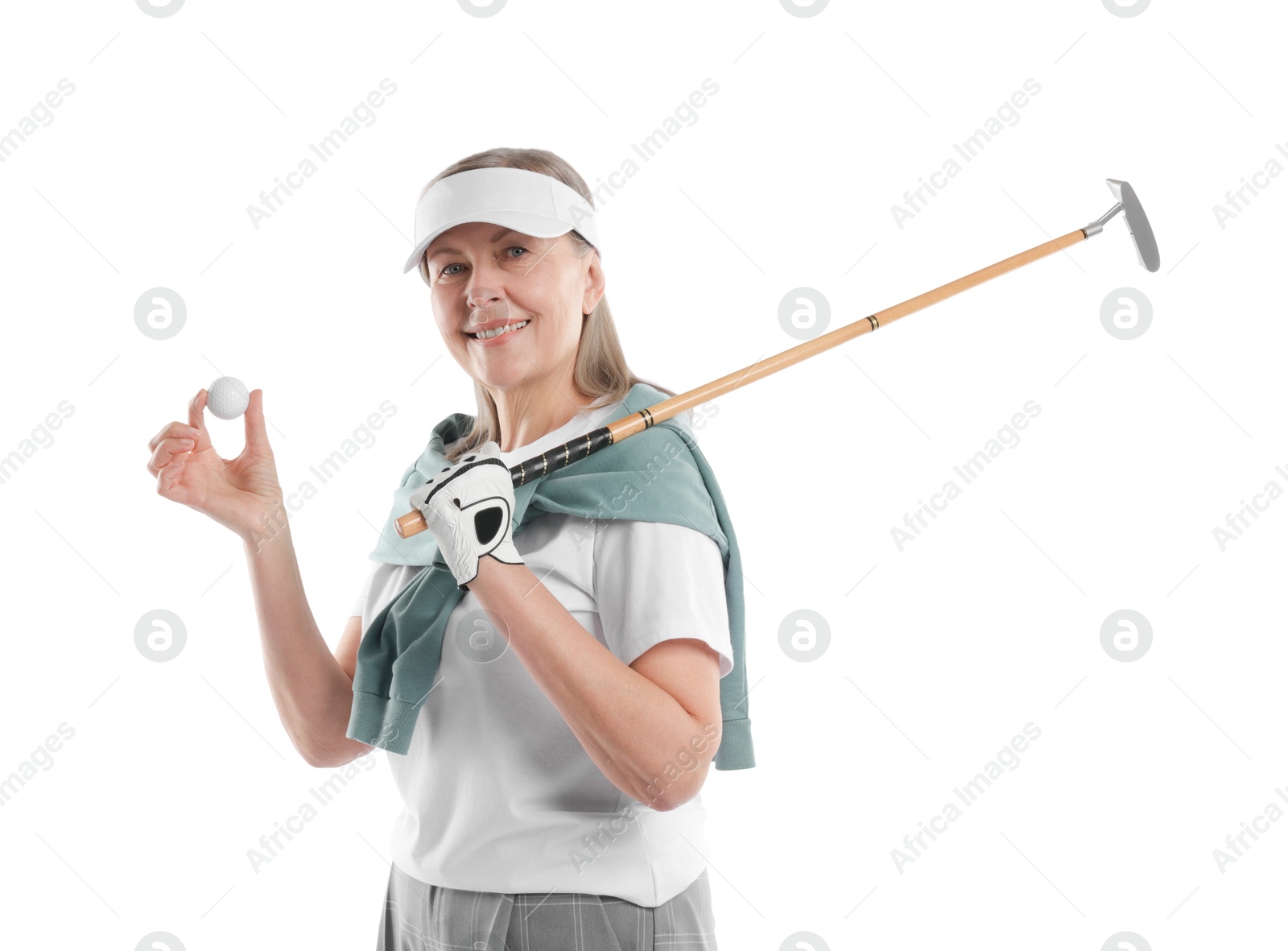 Senior woman with golf club and ball on white background Photo of Senior woman with golf club and ball on white background