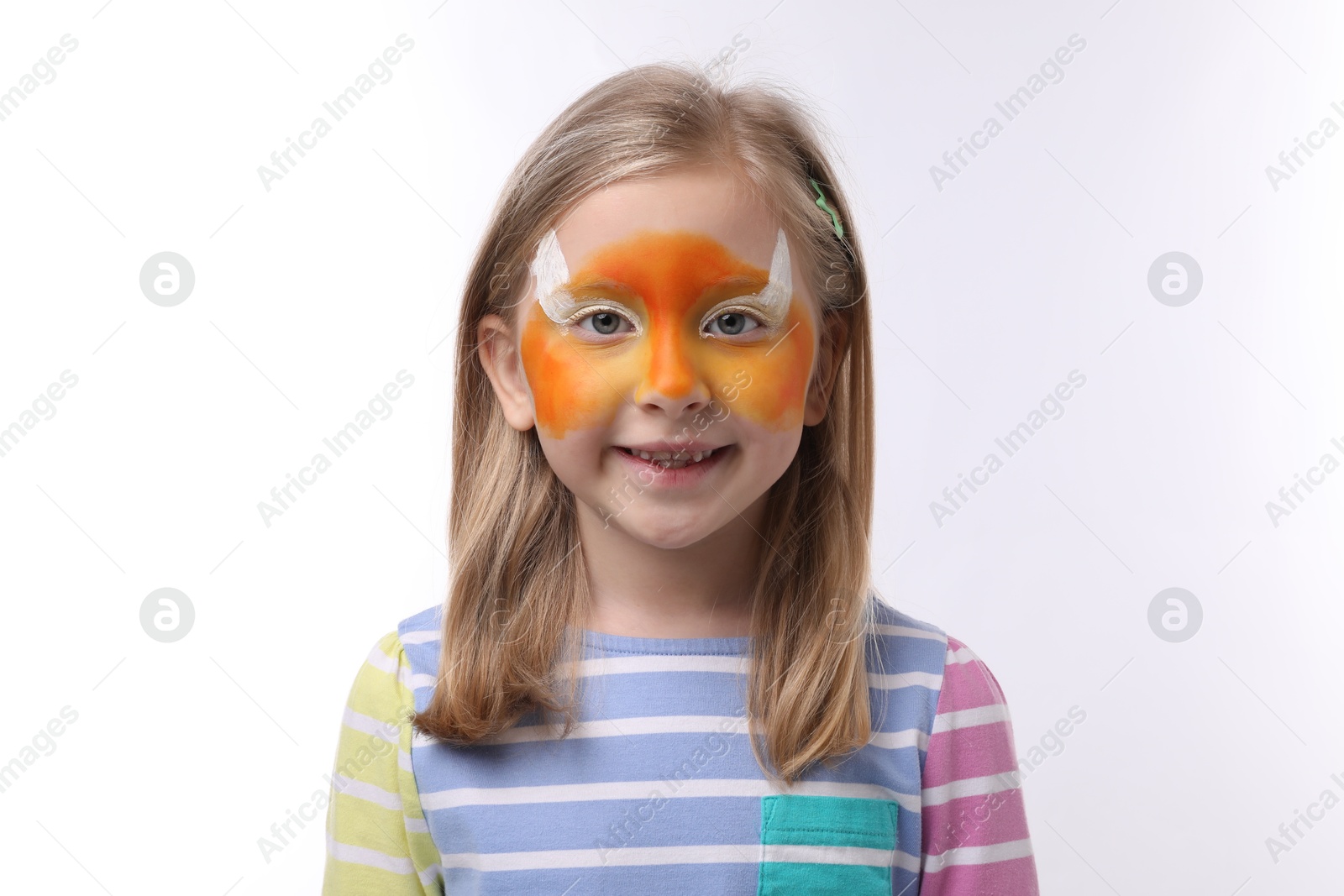Cute girl with fox face painting on white background Photo of Cute girl with fox face painting on white background
