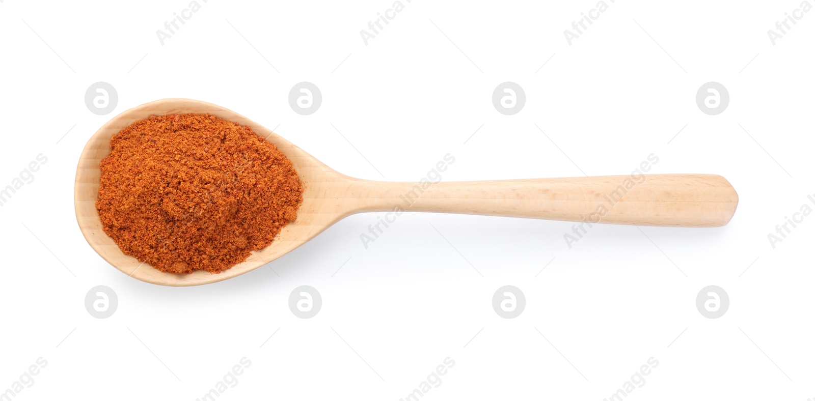 Aromatic paprika powder in wooden spoon isolated on white, top view Photo of Aromatic paprika powder in wooden spoon isolated on white, top view