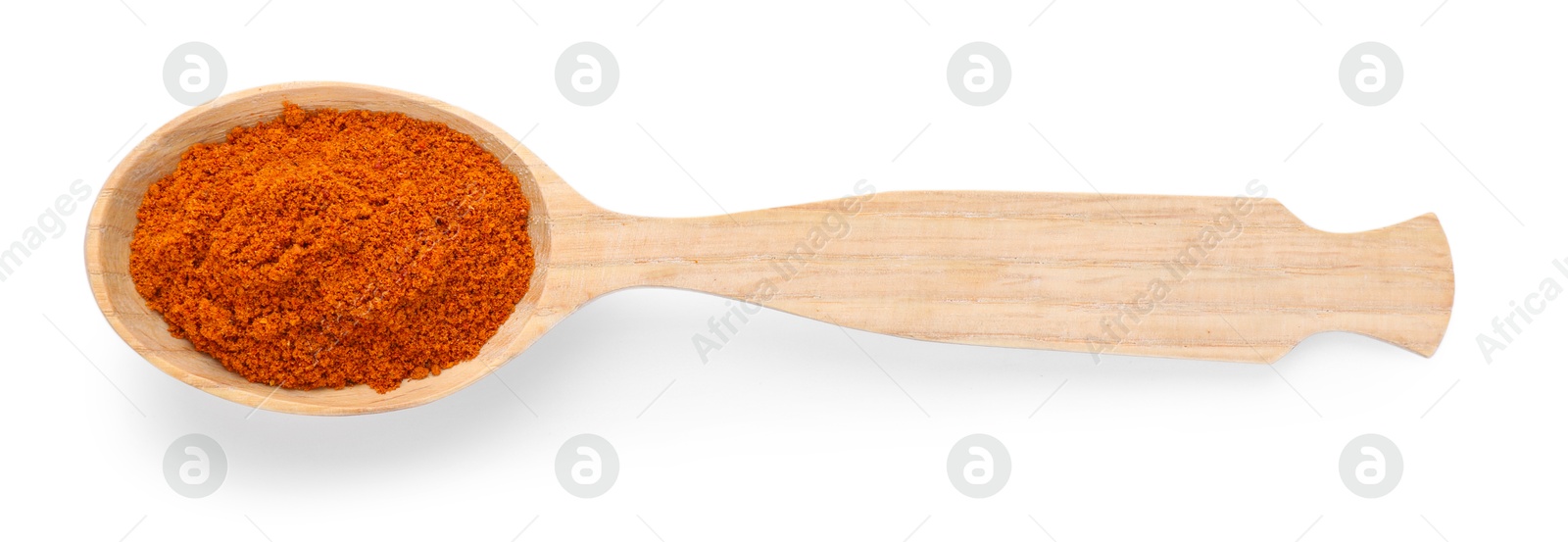 Photo of Aromatic paprika powder in wooden spoon isolated on white, top view