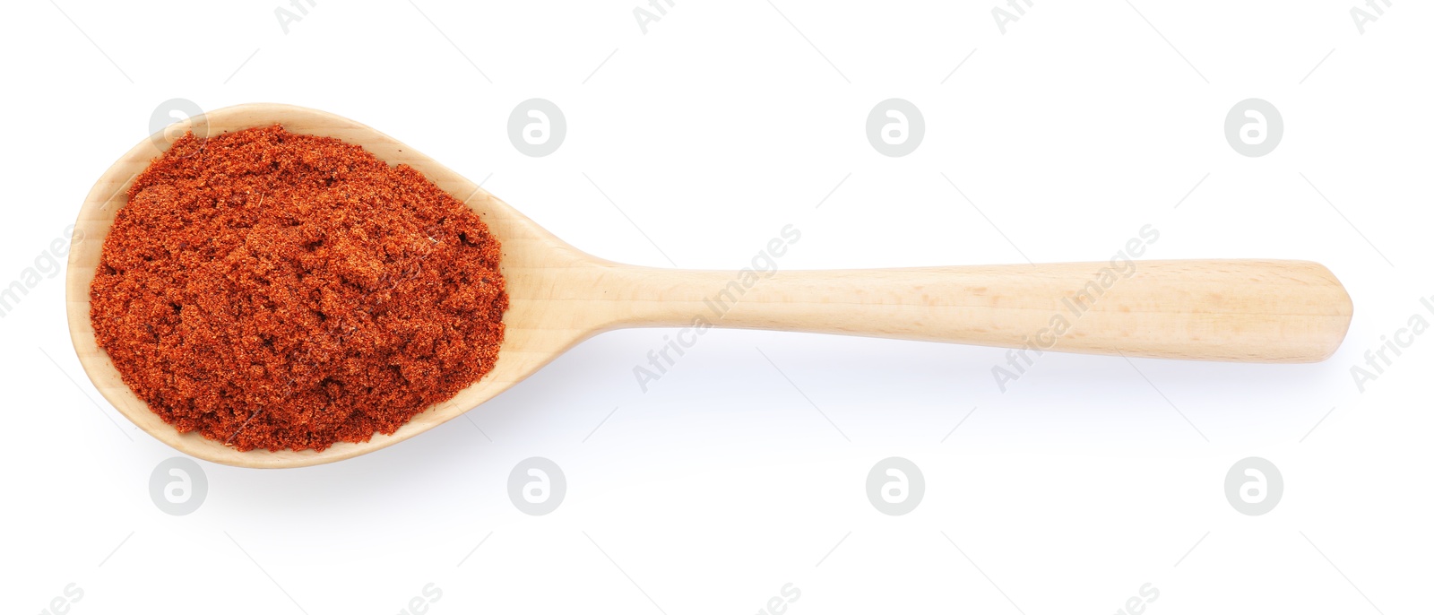Aromatic nutmeg powder in wooden spoon isolated on white, top view Photo of Aromatic nutmeg powder in wooden spoon isolated on white, top view