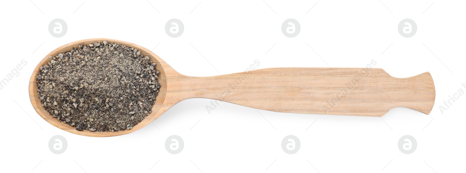 Aromatic ground black pepper in wooden spoon isolated on white, top view Photo of Aromatic ground black pepper in wooden spoon isolated on white, top view