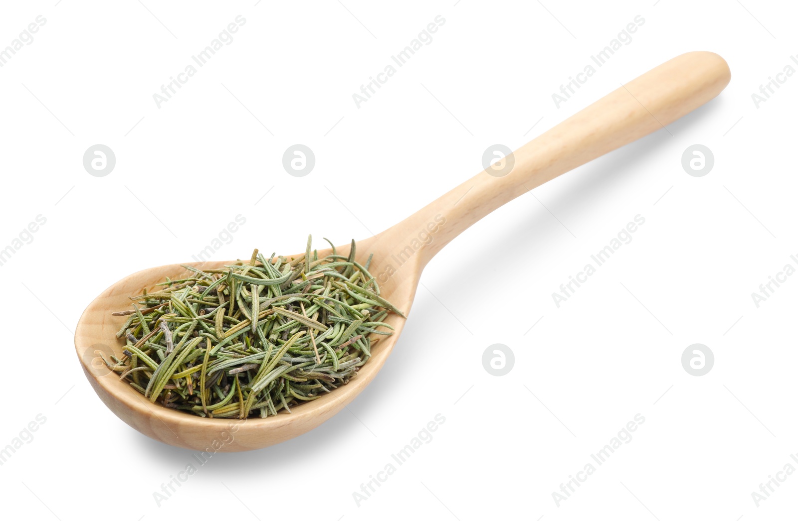 Photo of Aromatic dried rosemary in wooden spoon isolated on white