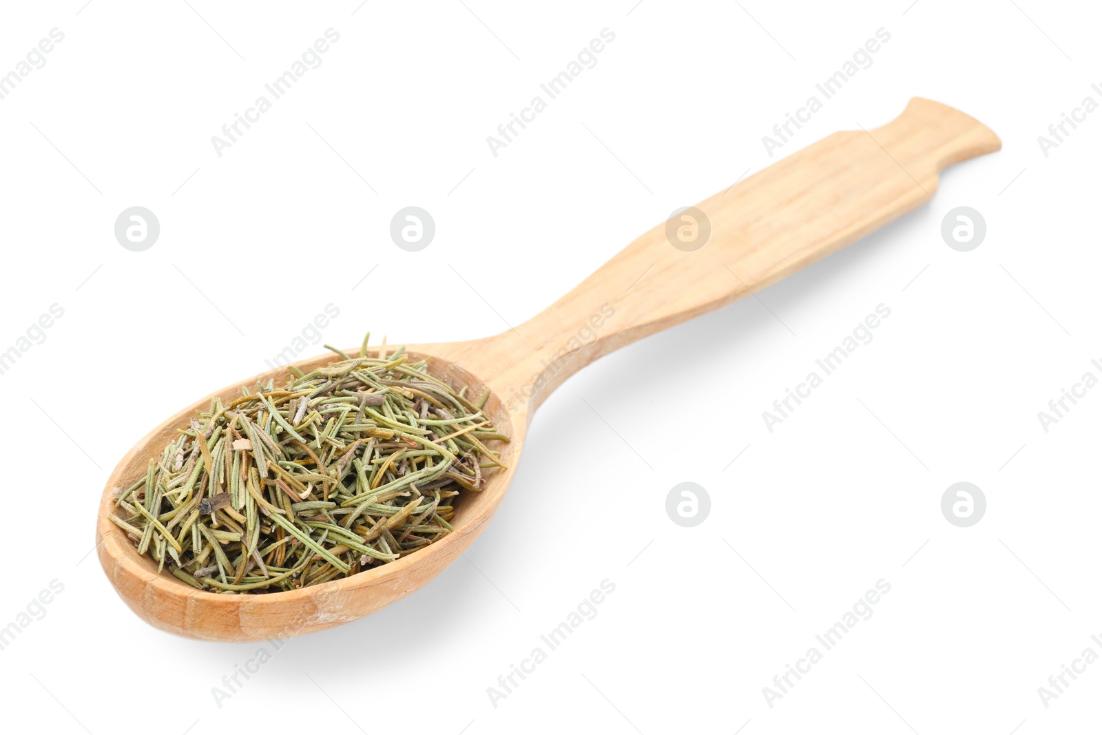 Aromatic dried rosemary in wooden spoon isolated on white Photo of Aromatic dried rosemary in wooden spoon isolated on white