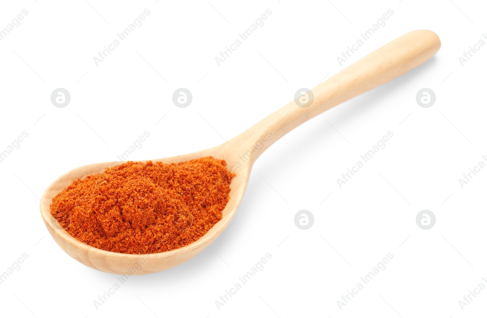 Aromatic paprika powder in wooden spoon isolated on white Photo of Aromatic paprika powder in wooden spoon isolated on white