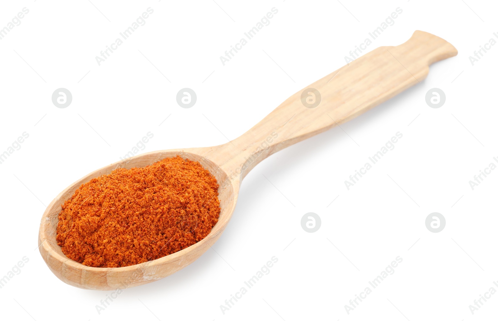 Aromatic paprika powder in wooden spoon isolated on white Photo of Aromatic paprika powder in wooden spoon isolated on white