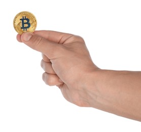 Photo of Cryptocurrency. Man holding bitcoin on white background, closeup