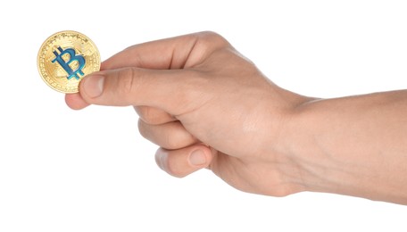 Photo of Cryptocurrency. Man holding bitcoin on white background, closeup