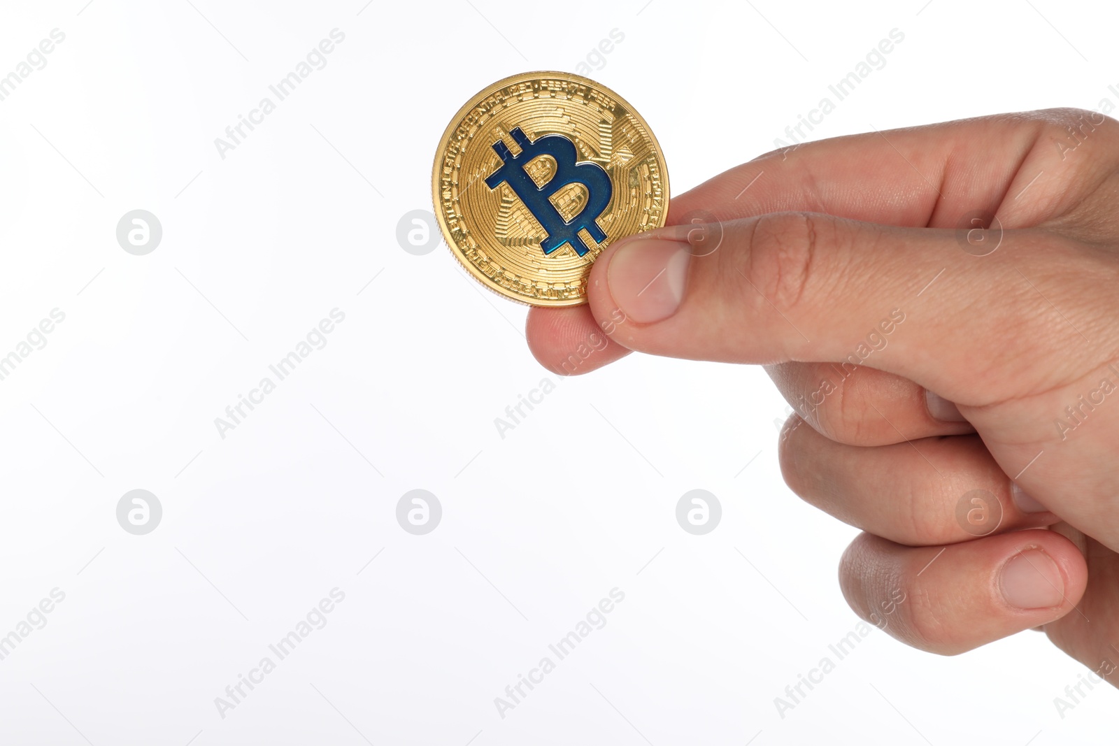 Cryptocurrency. Man holding bitcoin on white background, closeup Photo of Cryptocurrency. Man holding bitcoin on white background, closeup