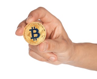 Photo of Cryptocurrency. Man holding bitcoin on white background, closeup