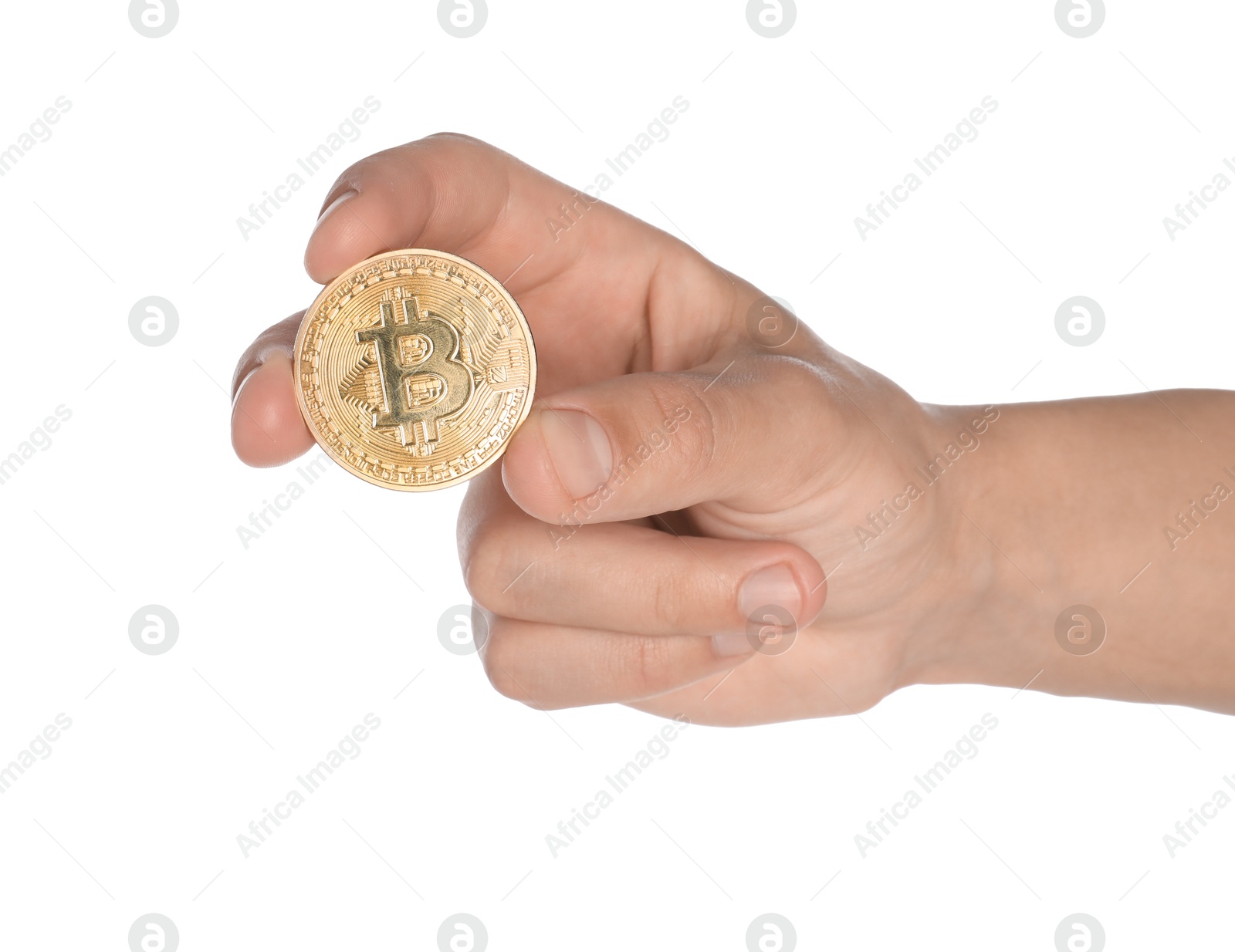 Cryptocurrency. Man holding bitcoin on white background, closeup Photo of Cryptocurrency. Man holding bitcoin on white background, closeup