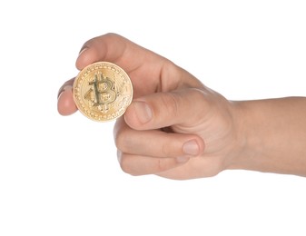 Photo of Cryptocurrency. Man holding bitcoin on white background, closeup