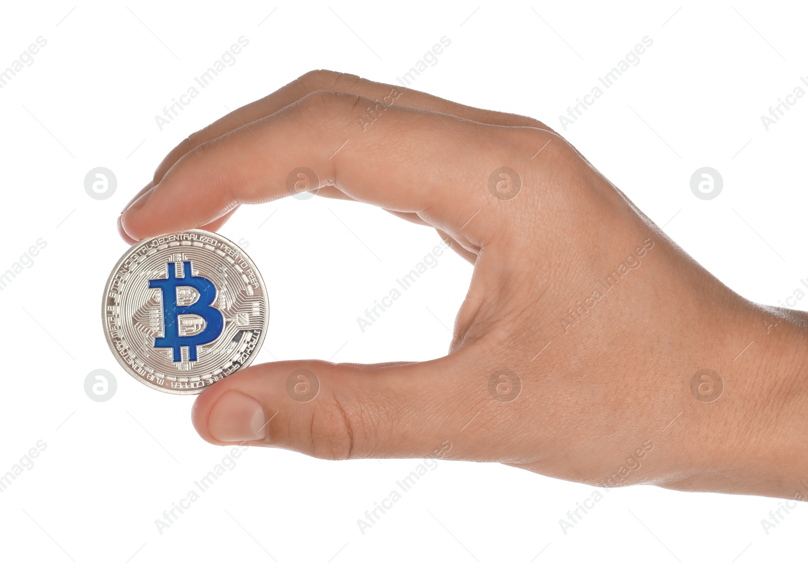 Cryptocurrency. Man holding bitcoin on white background, closeup Photo of Cryptocurrency. Man holding bitcoin on white background, closeup
