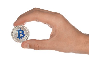 Photo of Cryptocurrency. Man holding bitcoin on white background, closeup