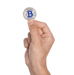 Photo of Cryptocurrency. Man holding bitcoin on white background, closeup