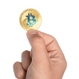 Photo of Cryptocurrency. Man holding bitcoin on white background, closeup
