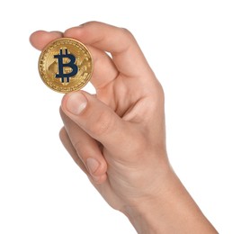Photo of Cryptocurrency. Man holding bitcoin on white background, closeup