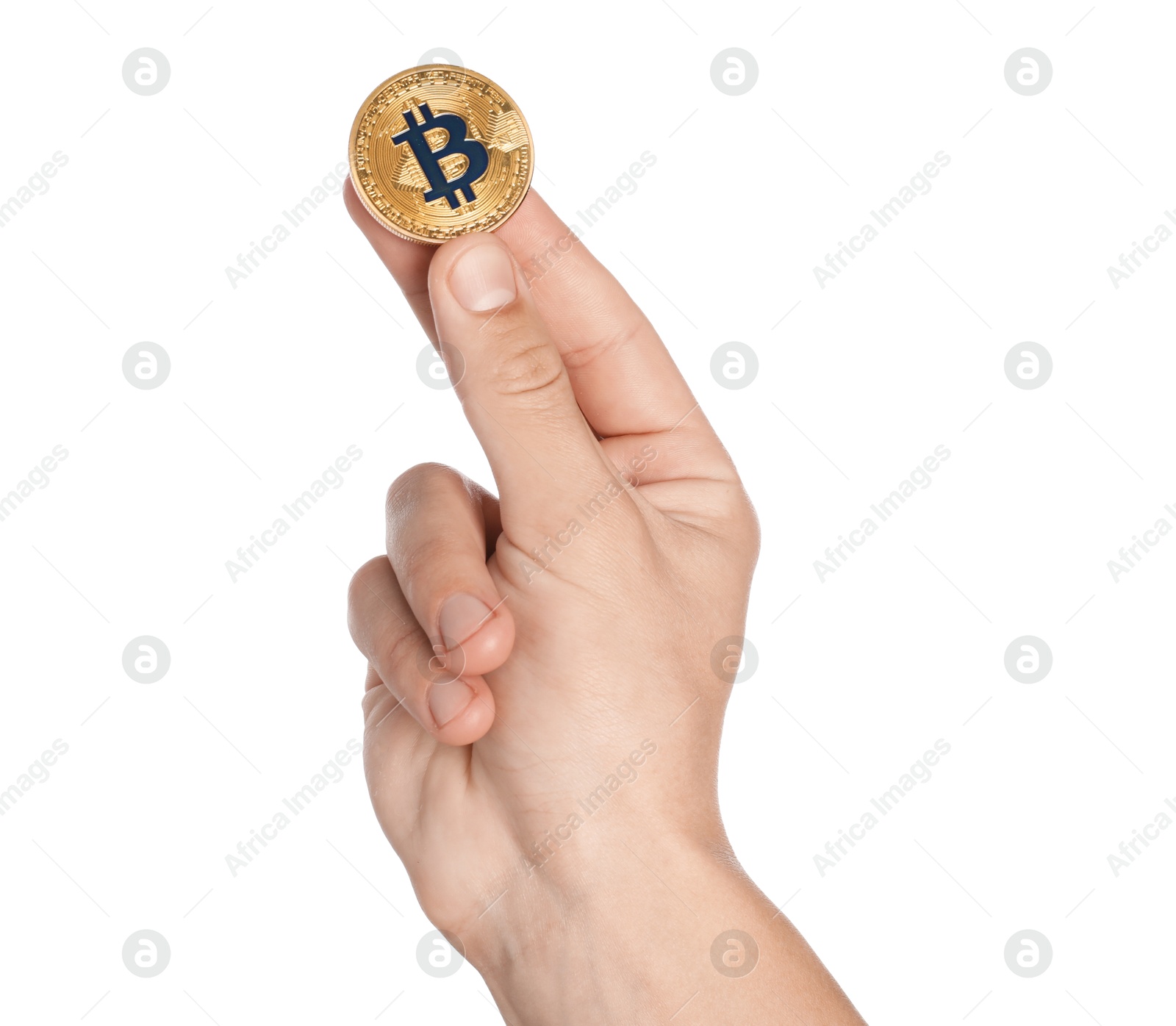 Cryptocurrency. Man holding bitcoin on white background, closeup Photo of Cryptocurrency. Man holding bitcoin on white background, closeup