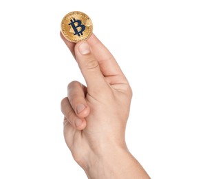 Photo of Cryptocurrency. Man holding bitcoin on white background, closeup