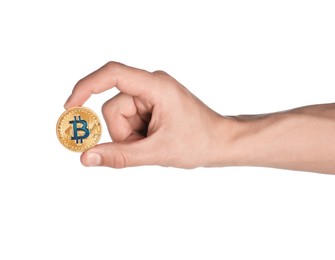 Photo of Cryptocurrency. Man holding bitcoin on white background, closeup