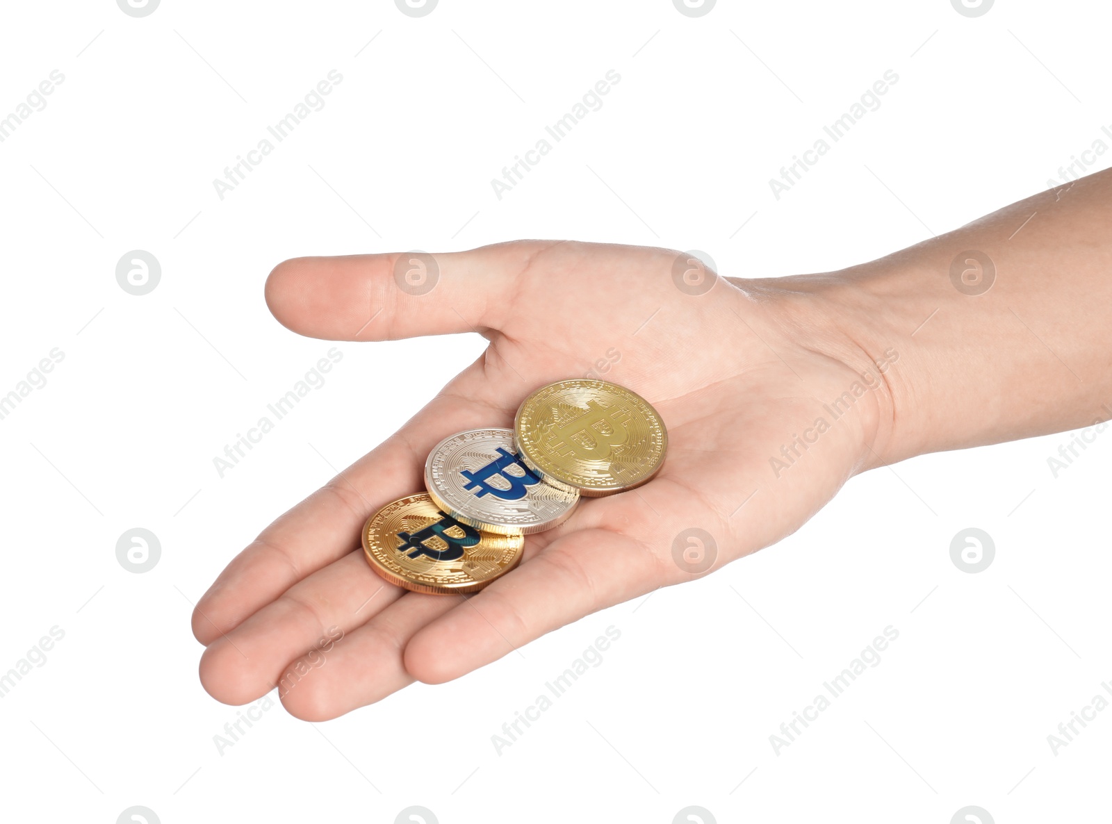 Cryptocurrency. Man holding different bitcoins on white background, closeup Photo of Cryptocurrency. Man holding different bitcoins on white background, closeup