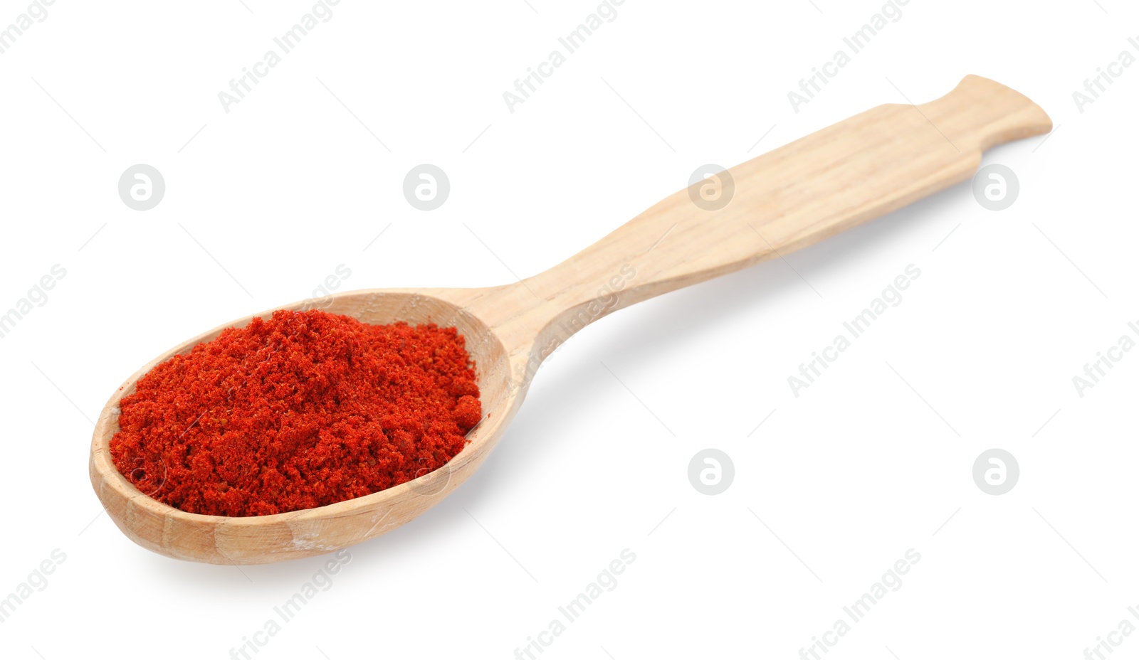 Photo of Aromatic red pepper powder in wooden spoon isolated on white