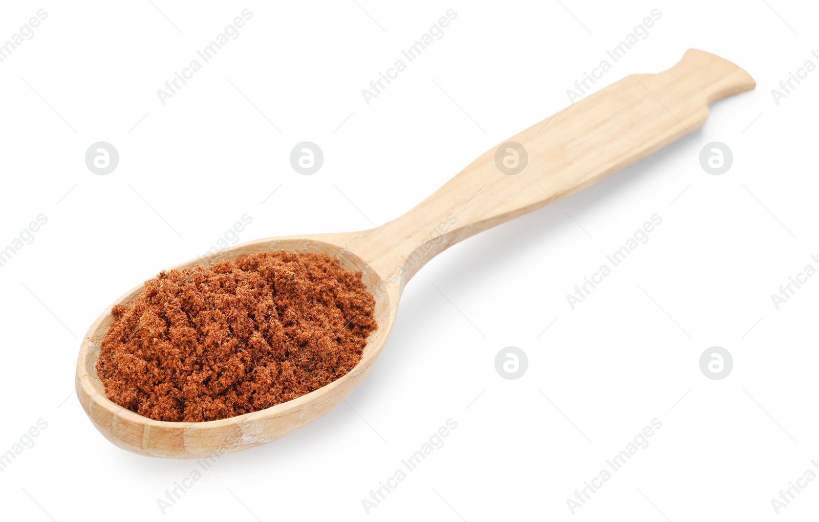 Aromatic nutmeg powder in wooden spoon isolated on white Photo of Aromatic nutmeg powder in wooden spoon isolated on white