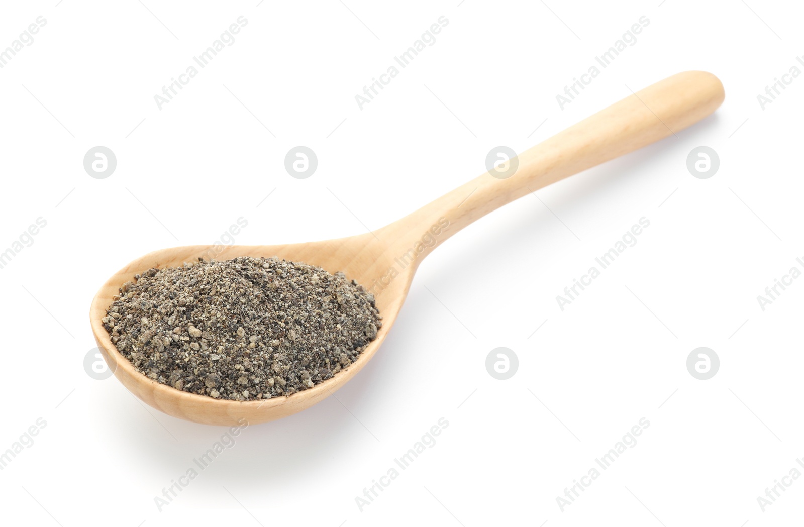 Aromatic ground black pepper in wooden spoon isolated on white Photo of Aromatic ground black pepper in wooden spoon isolated on white