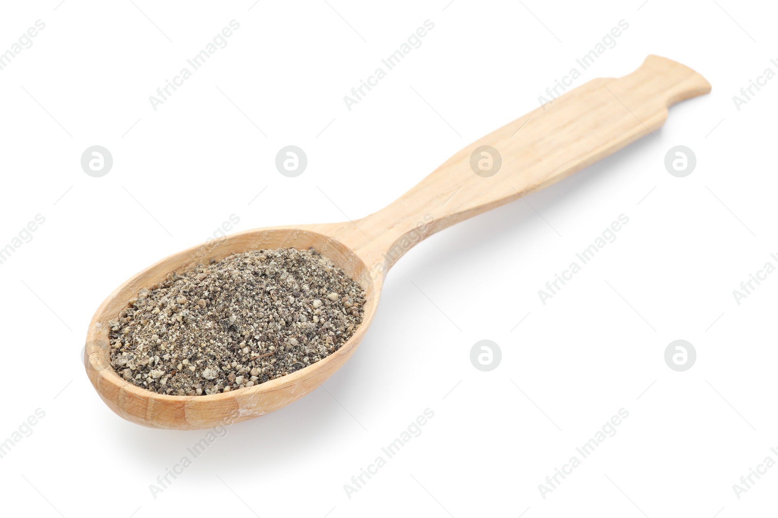 Aromatic ground black pepper in wooden spoon isolated on white Photo of Aromatic ground black pepper in wooden spoon isolated on white