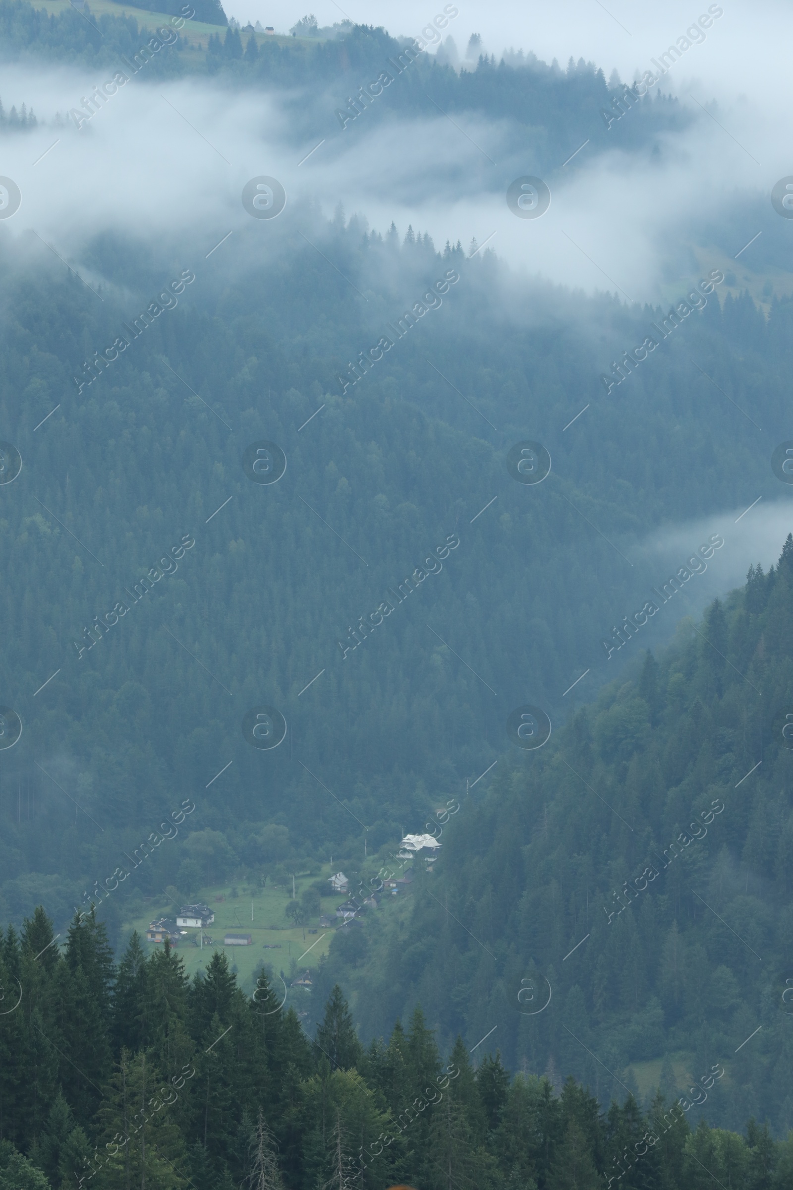 Picturesque view of beautiful mountains covered with fog Photo of Picturesque view of beautiful mountains covered with fog