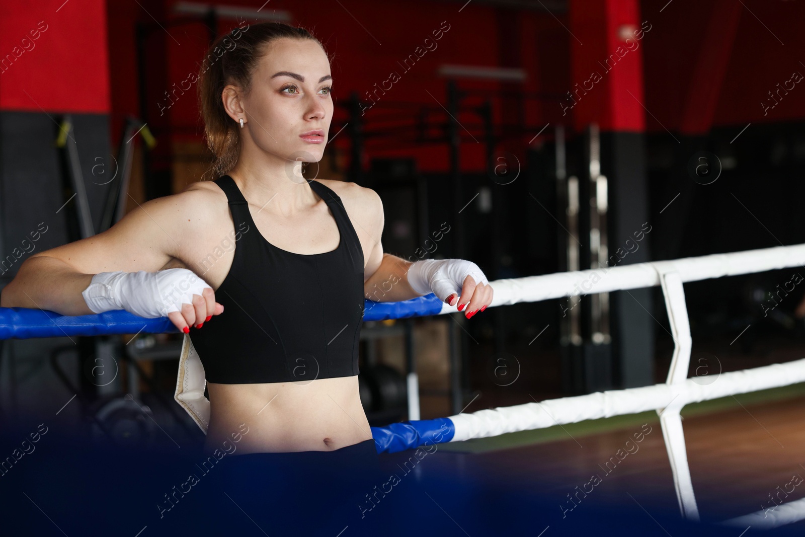 Woman with protective gloves on boxing ring. Space for text Photo of Woman with protective gloves on boxing ring. Space for text