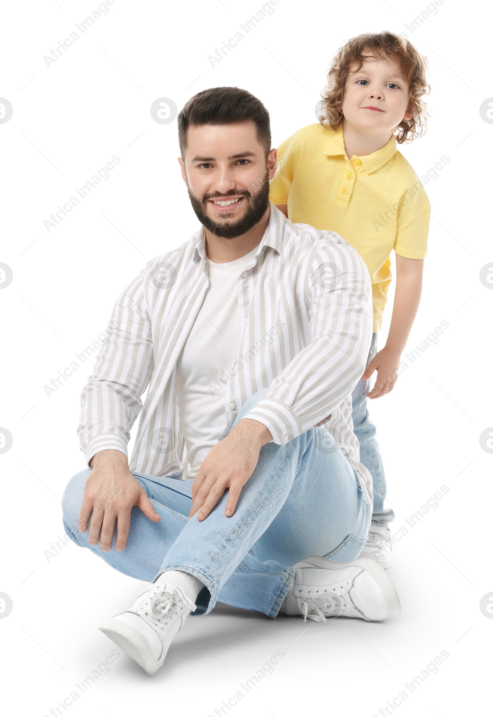 Happy father and his son on white background Photo of Happy father and his son on white background