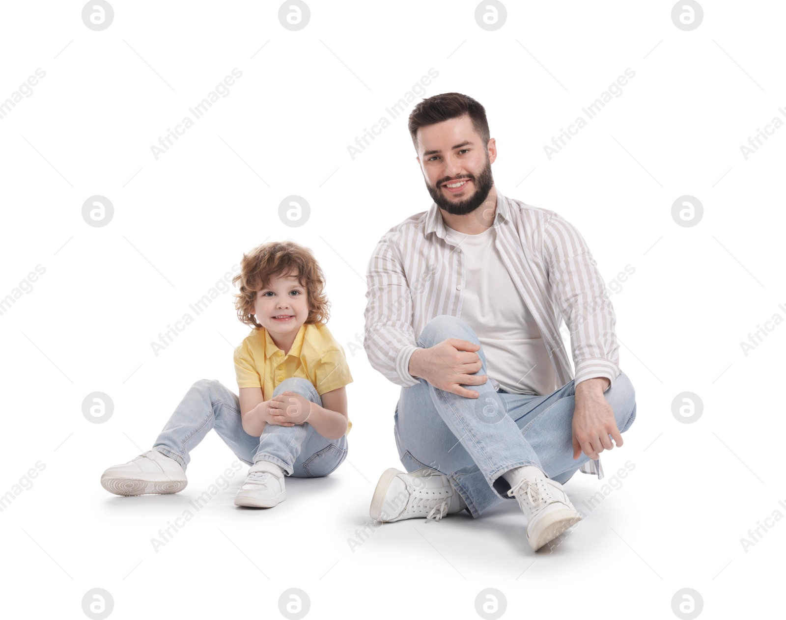 Happy father and his son on white background Photo of Happy father and his son on white background