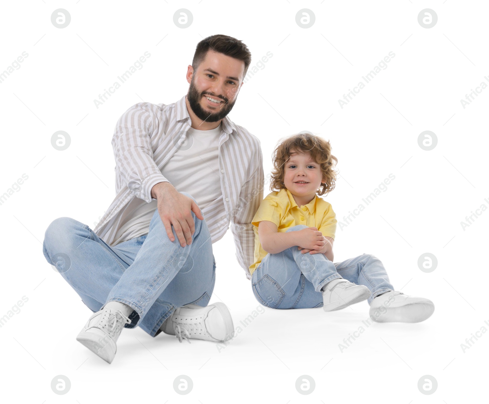 Photo of Happy father and his son on white background