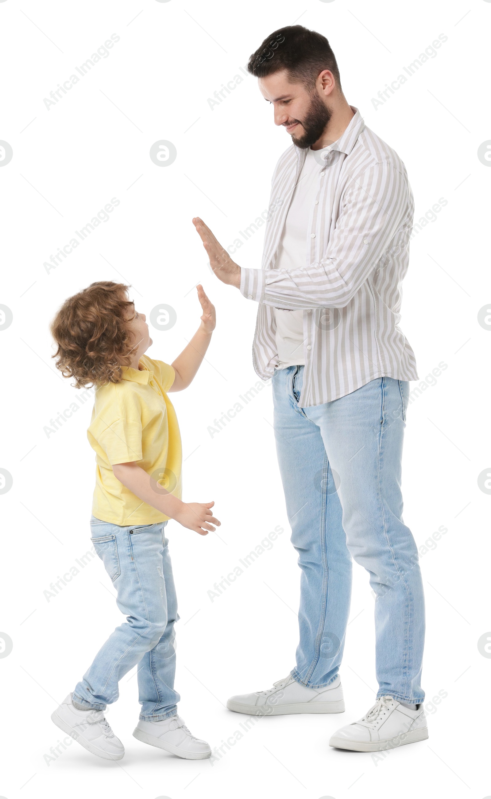 Happy father and his son on white background Photo of Happy father and his son on white background