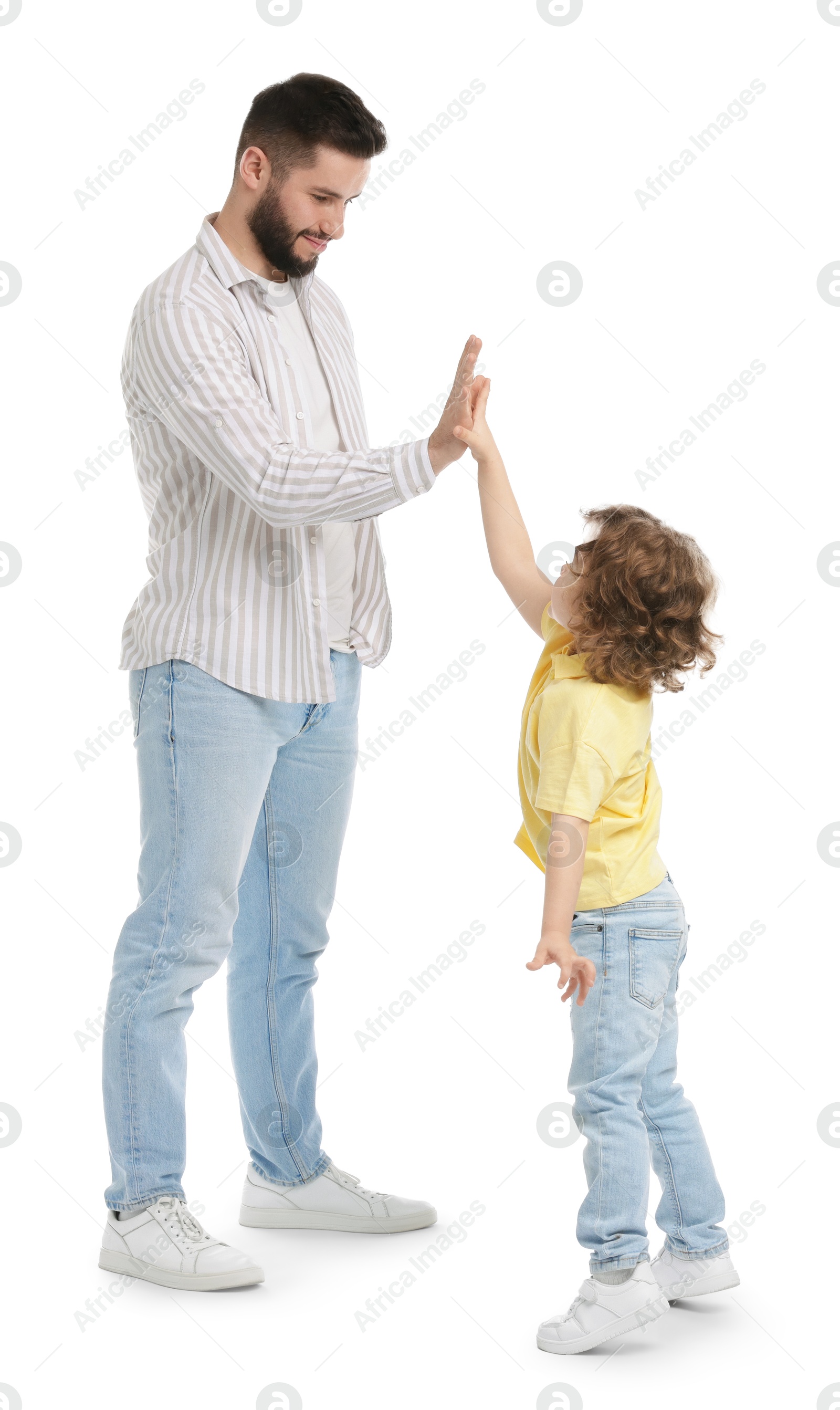 Happy father and his son on white background Photo of Happy father and his son on white background