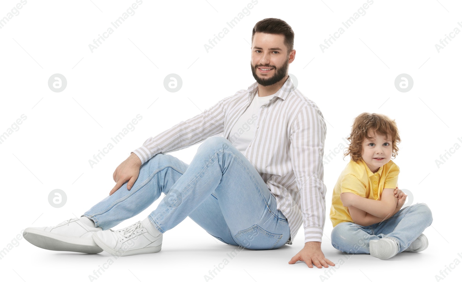 Happy father and his son on white background Photo of Happy father and his son on white background