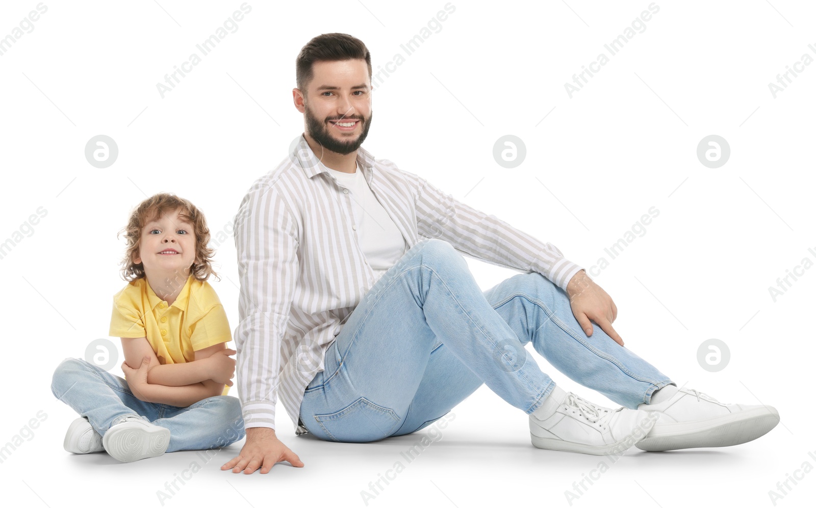 Happy father and his son on white background Photo of Happy father and his son on white background