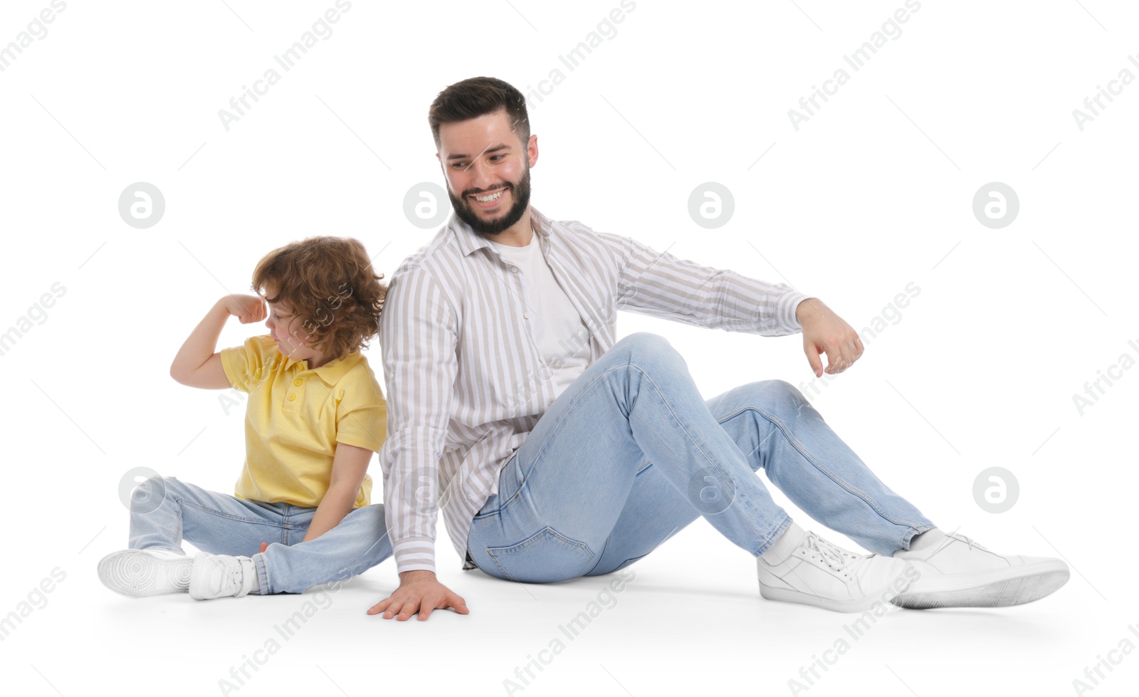 Happy father and his son on white background Photo of Happy father and his son on white background