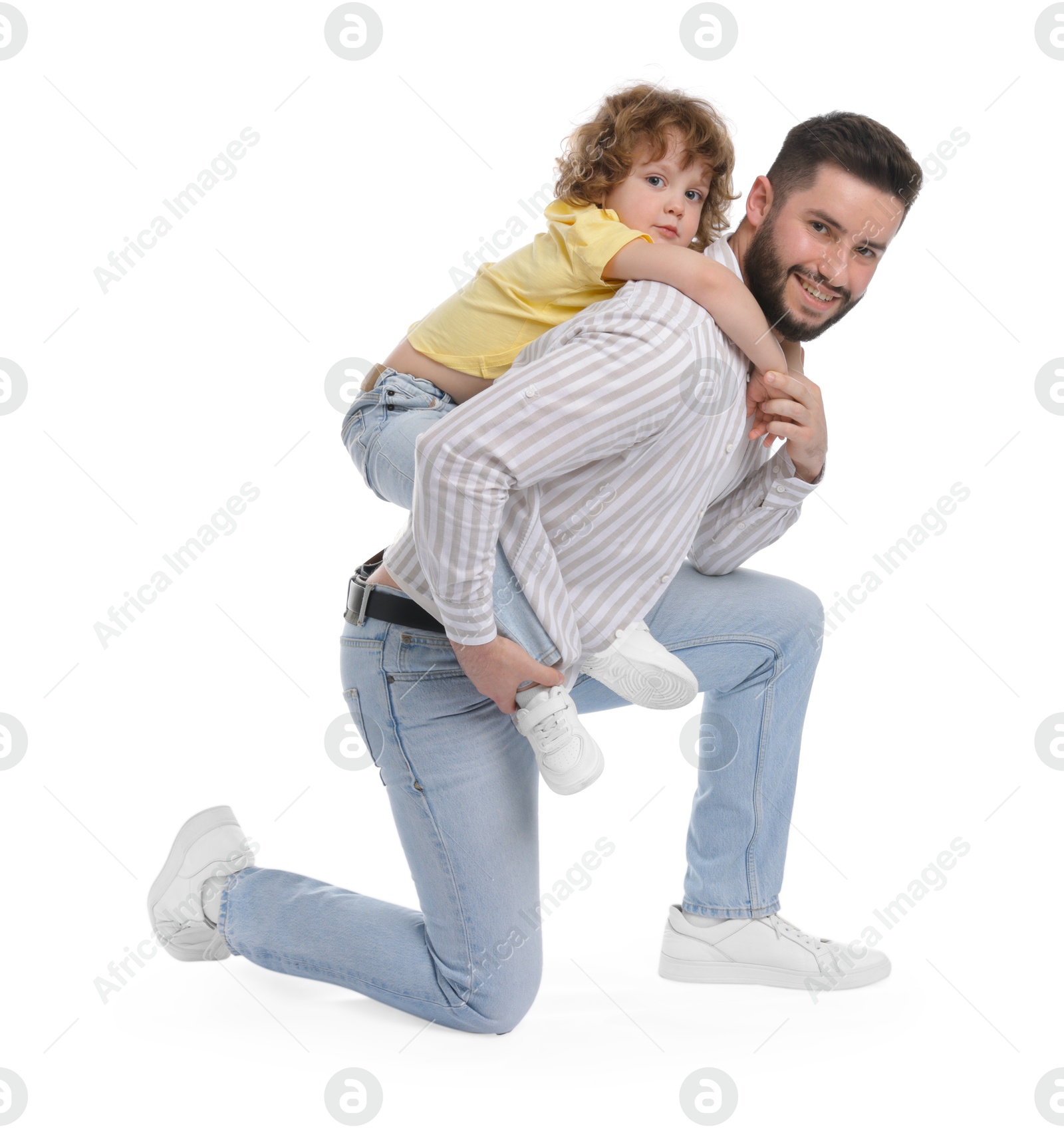 Happy father and his son on white background Photo of Happy father and his son on white background