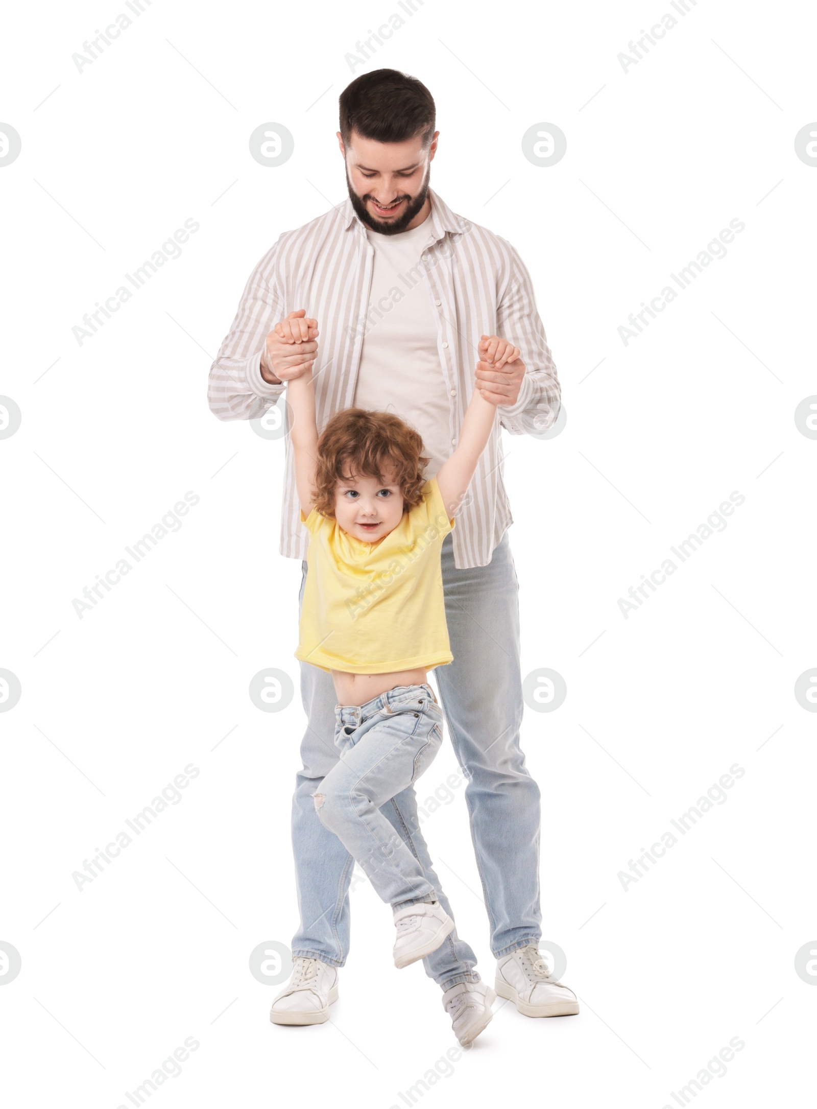 Happy father and his son on white background Photo of Happy father and his son on white background