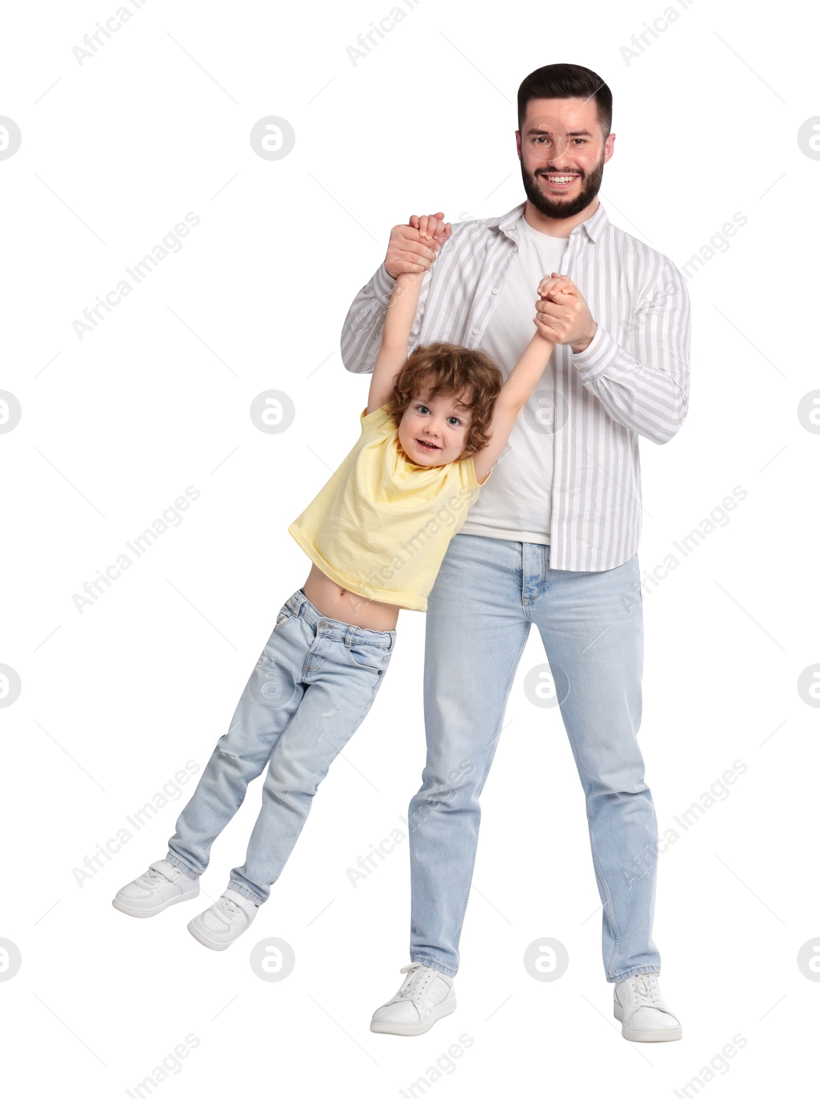 Happy father and his son on white background Photo of Happy father and his son on white background
