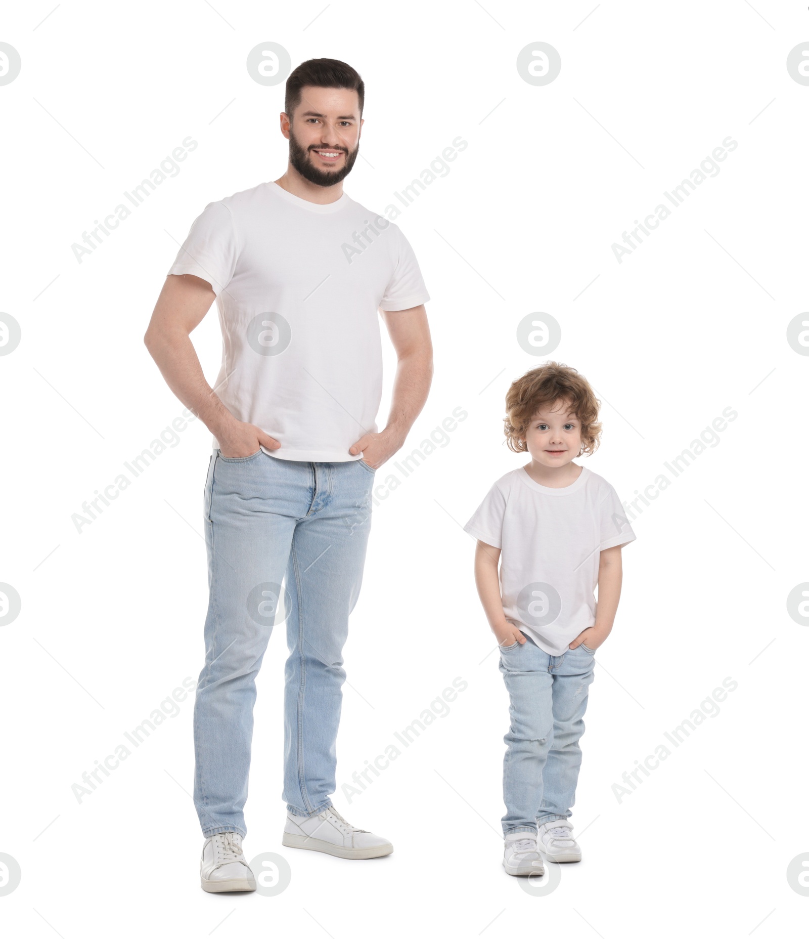 Happy father and his son on white background Photo of Happy father and his son on white background