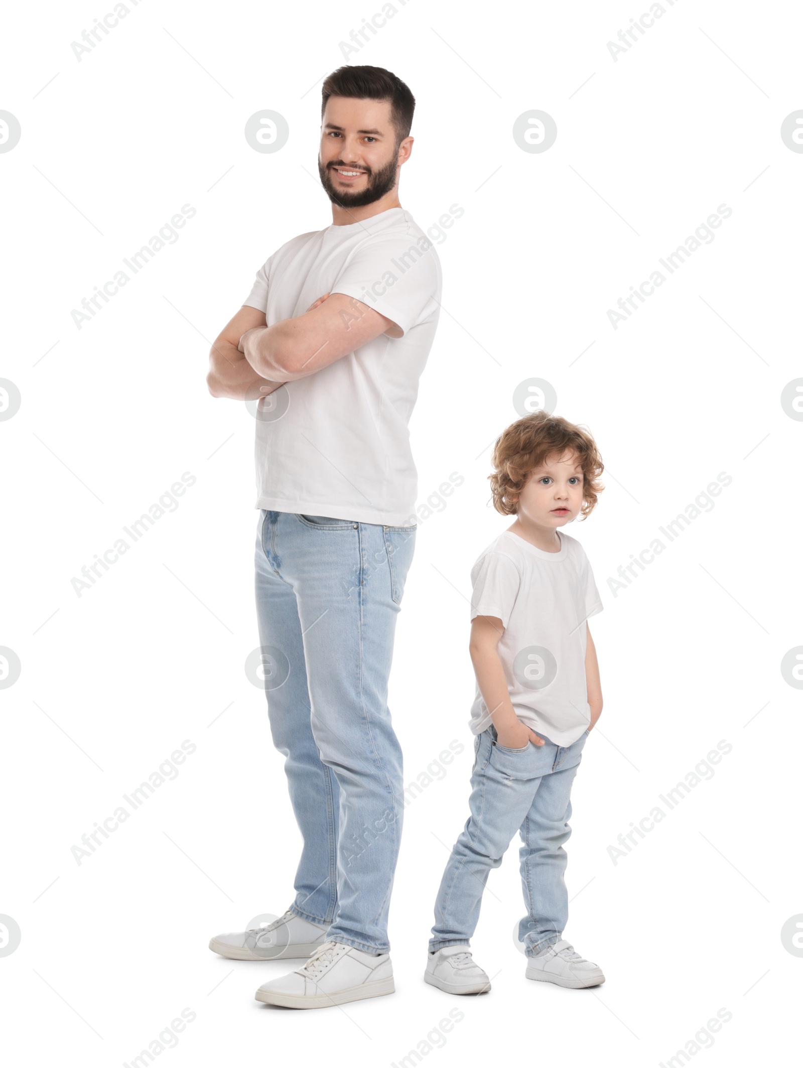 Happy father and his son on white background Photo of Happy father and his son on white background