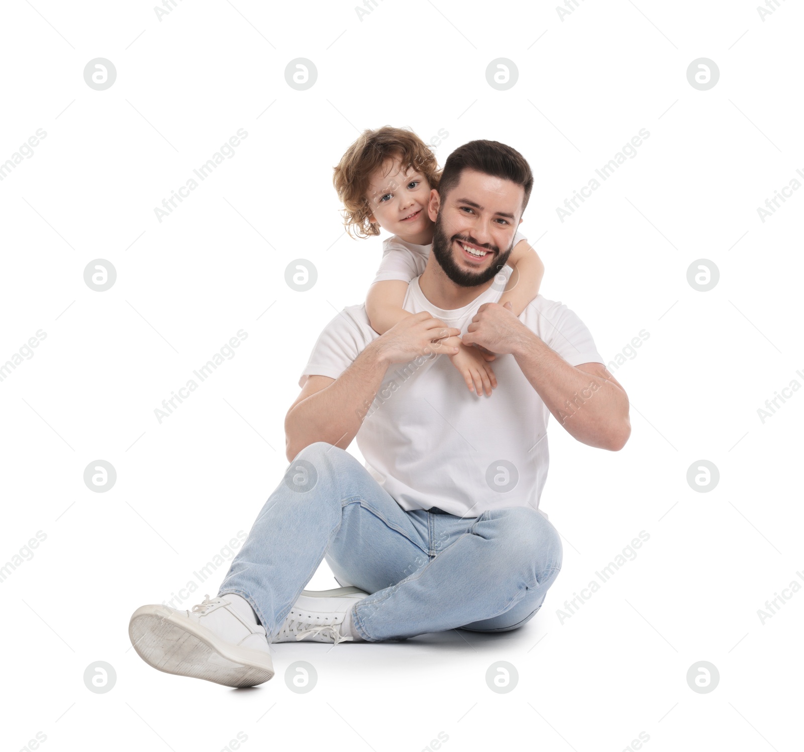 Photo of Happy father and his son on white background